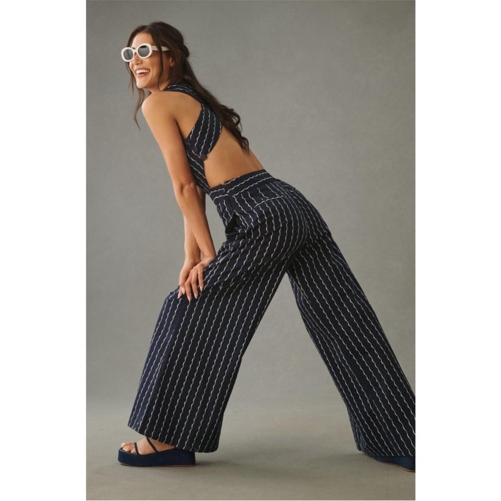 Maeve Anthropologie Derby Day Nautical Pinafore Navy Stripe Wide Leg Jumpsuit 14 - Picture 4 of 14